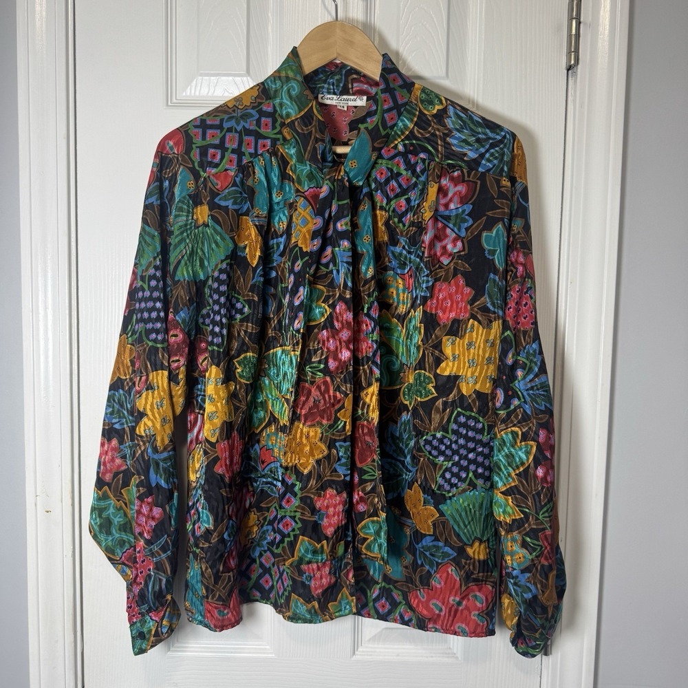 Vintage Eva Laurel Button Blouse Womens 14 Flora Made USA  Collar Tie Bow USA